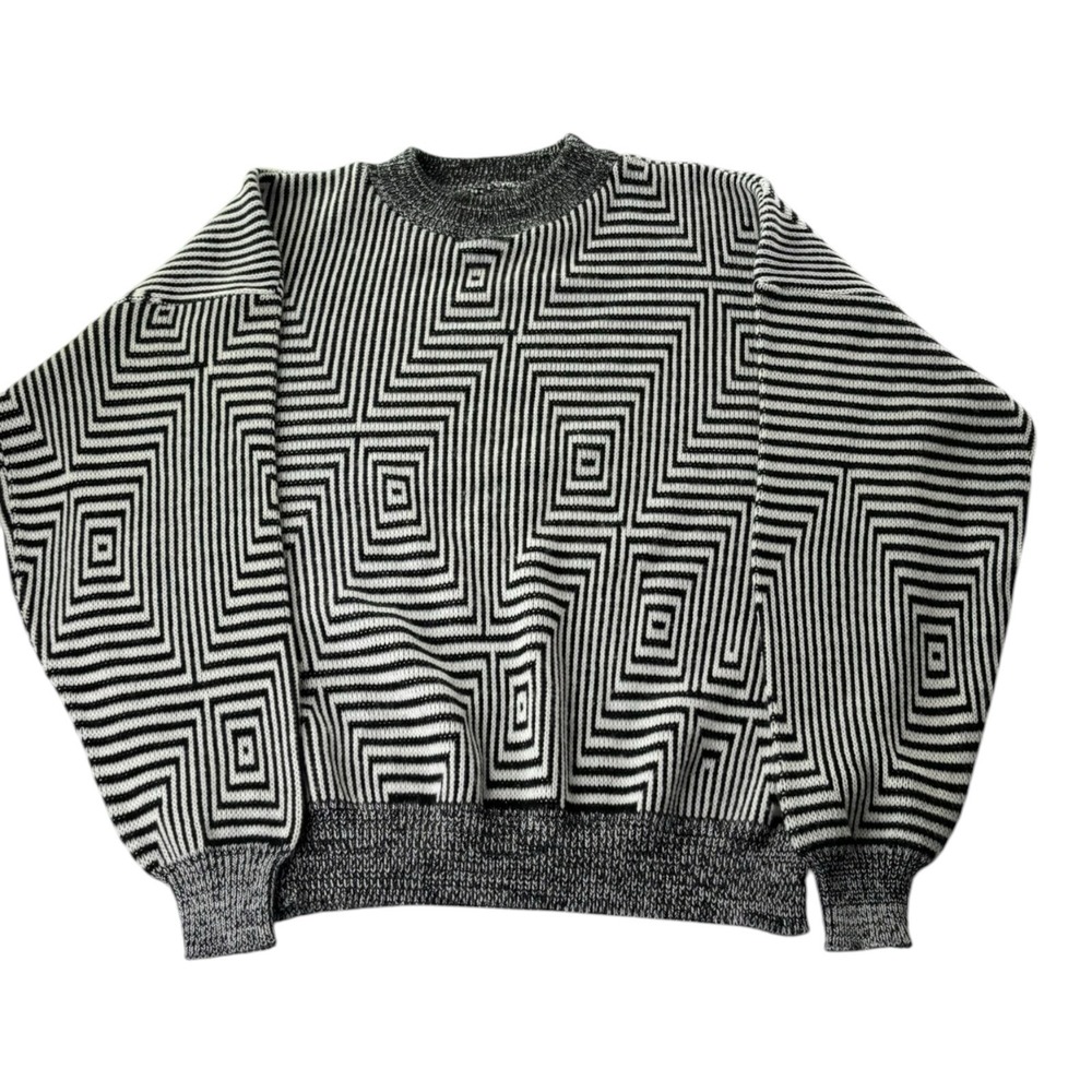 Men's Black White Geometric Optical Illusion Crewneck Sweater Size XL